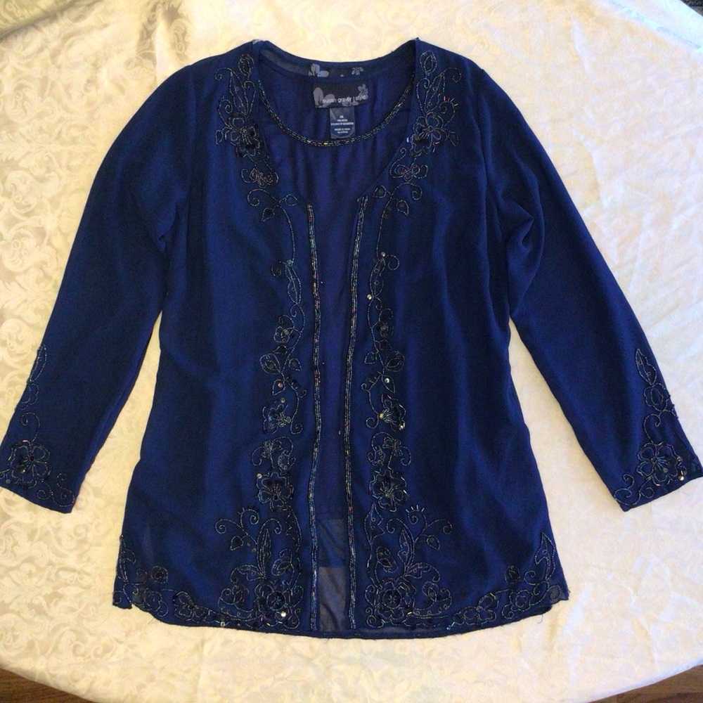 Sapphire Blue Beaded Sleeveless Top with Sheer Beaded Jacket XS
